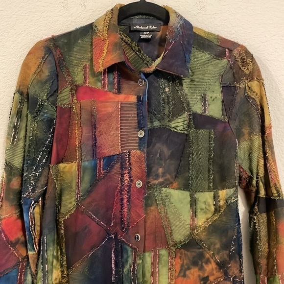 Michael Tyler Women’s Button Front Short Small Colorful Patchwork Lagenlook - Picture 5 of 12